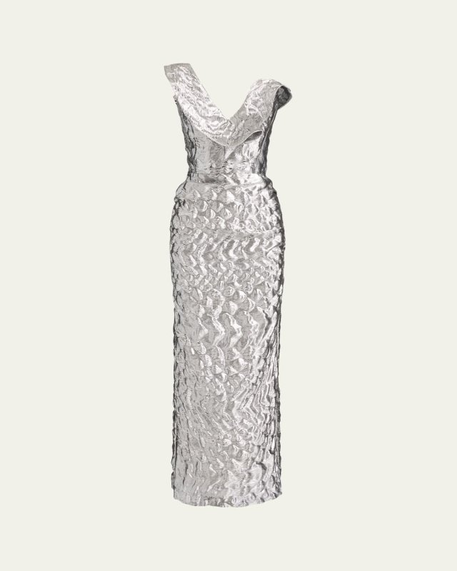 Requiem Strapless Ruffle Metallic Midi Dress